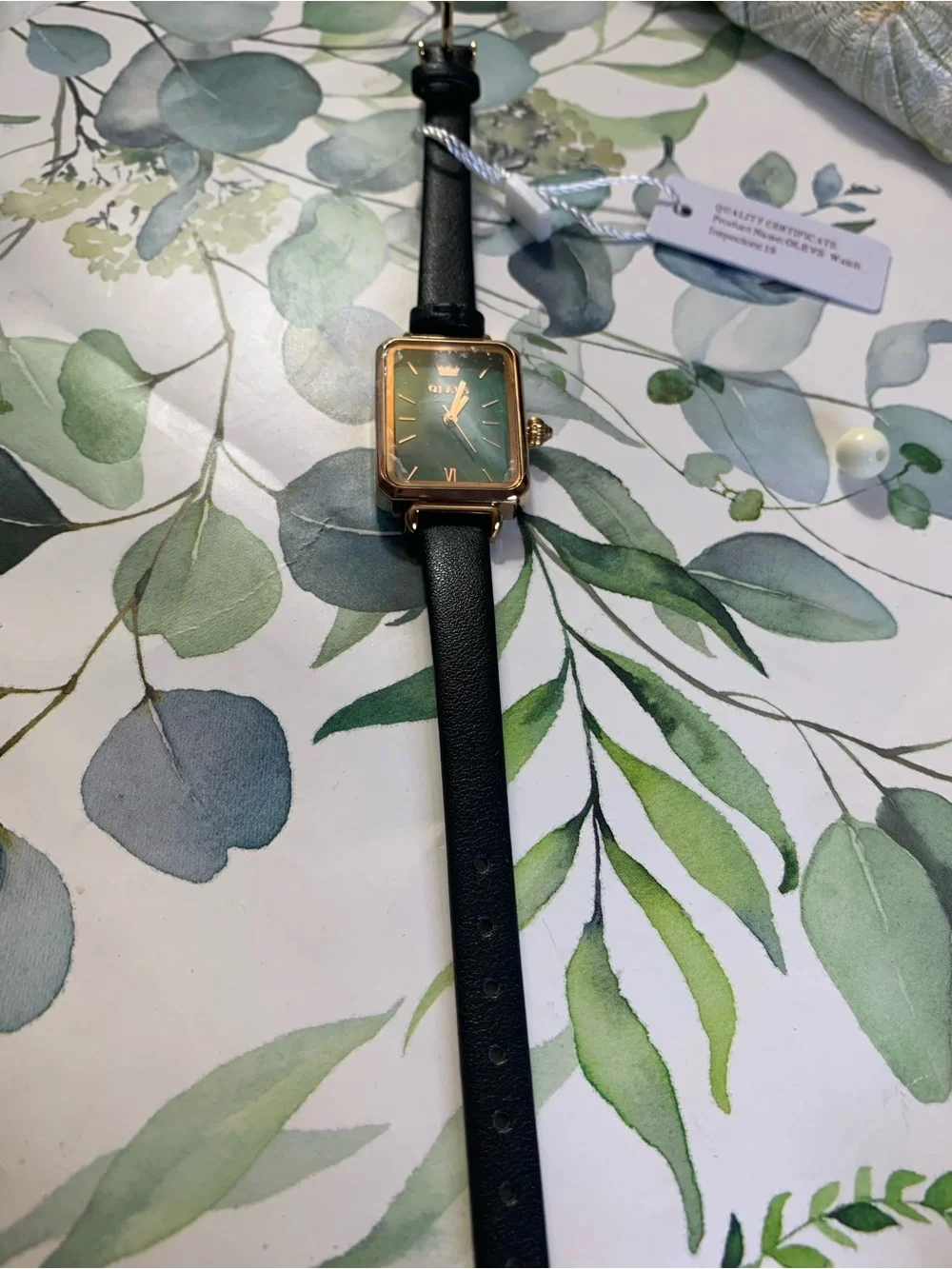 OLEVS Green Dial Gold-Tone Case Black Leather Strap Women's Watch
